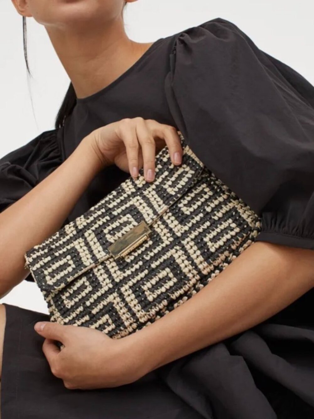 H&M Black and Nude Raffia Straw Crossbody Bag with Gold Chain